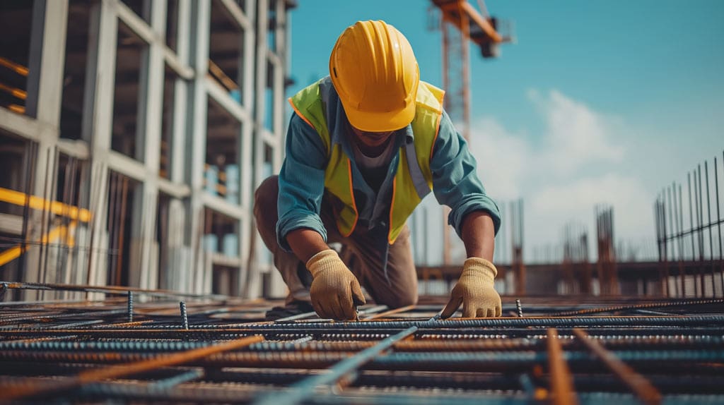 A construction worker tying rebar