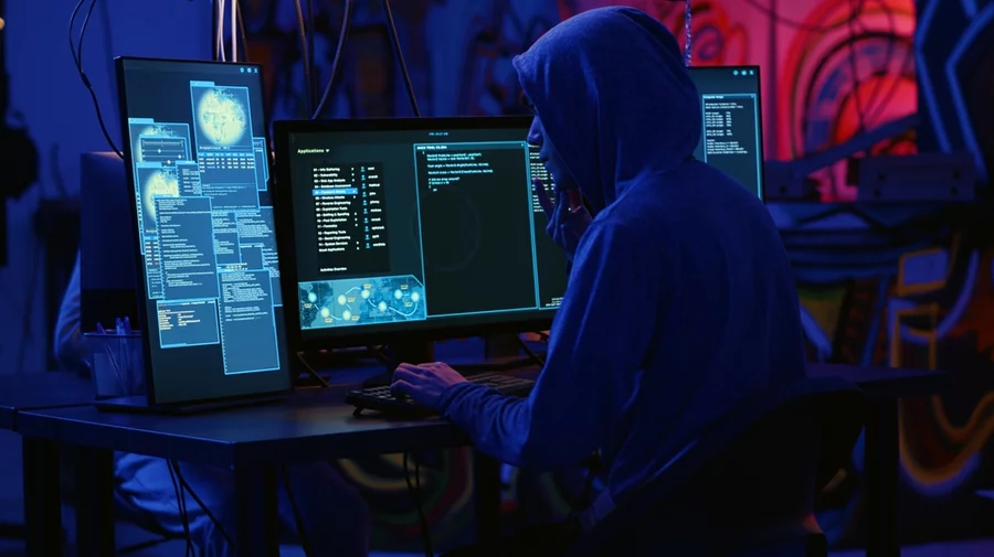 Hackers in dark room running code to breach defenses