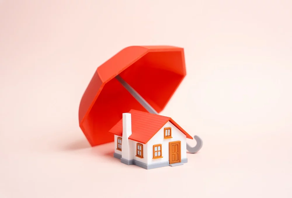 Concept image of a small house sitting under a red umbrella